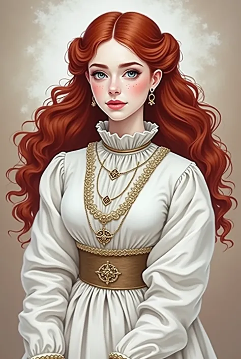 Red-haired noblewoman with freckles, eyes are light gray, White dress, voluminous hairstyle