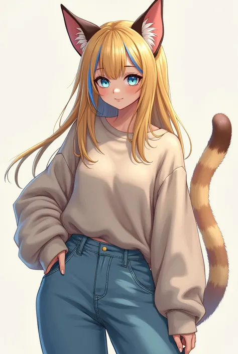  anthro, furry, feline, female, detailed textured fur, fur tufts, fluffy, slim, slender, cute, sweater, baggy denim jeans, beautiful blue eyes, detailed eyes, smile, solo, SFW, lynx, long blonde hair, multicolored hair, streaked hair, absurdres, highres