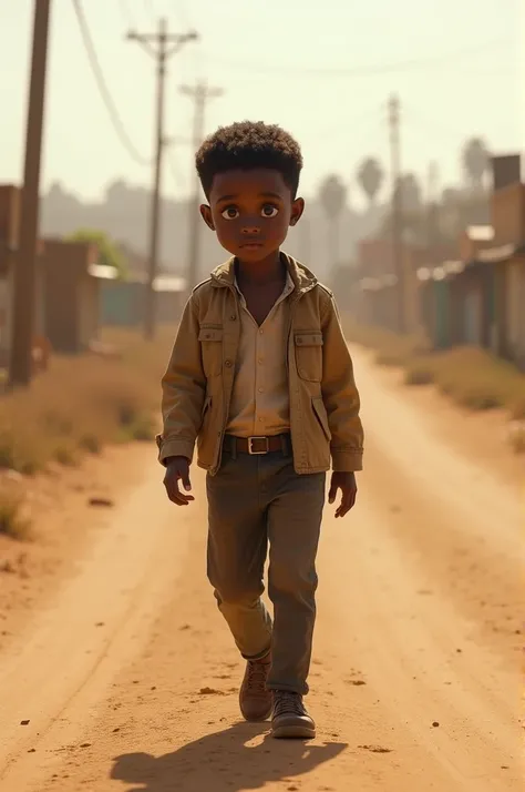 
An intelligent Somali boy wearing trousers and a jacket walking on the road