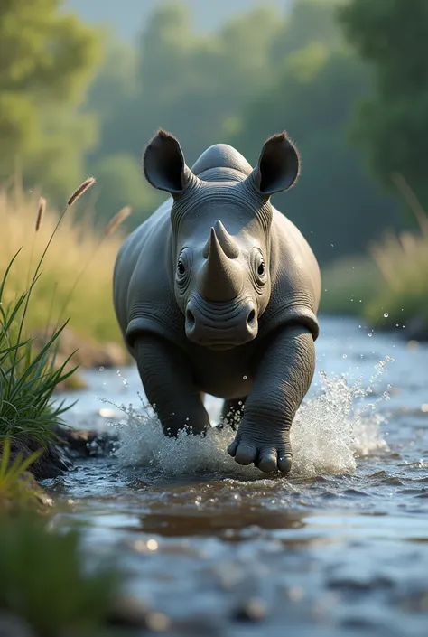 Baby rhino needs to cross a large, wide stream