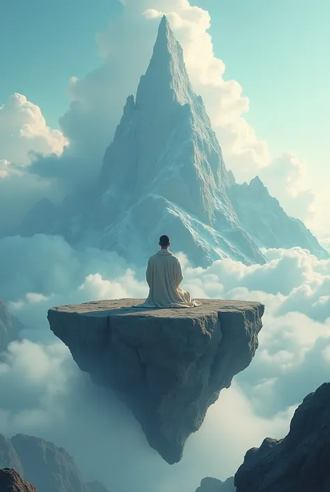 floating mountain; a man kneeling, praying