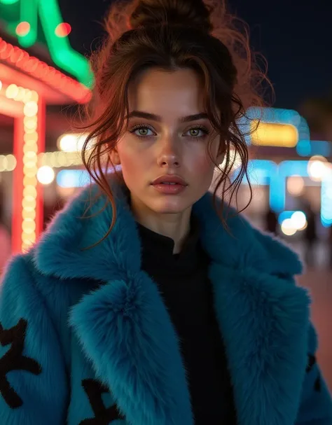 Create a young Israeli model Yael Shelbia, with 18 years, green eyes, light brown curly long hair, with delicate textured nude lips, delicate nose,The image shows a young woman in a nighttime setting, with a background illuminated by colored lights. She is...