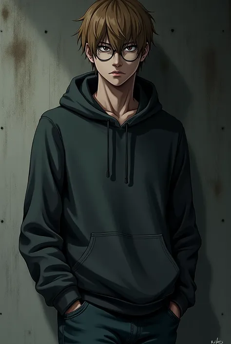 Nishio Nishiki from Tokyo Ghoul。Light brown hair。Glasses。Mature、A mean-spirited atmosphere。Narrow eyes。wearing a hoodie and jeans。Looking down on people。Age is 3