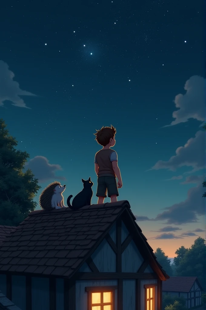 A 1 boy, Brown hair, muscular, with a pet hedgehog on his shoulder watching the stars in the night sky next to his black cat, on the roof of a country house.