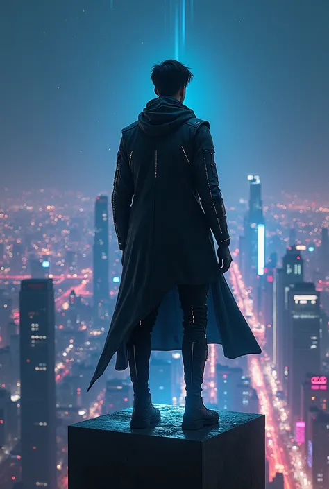 In a cyber city，A handsome cyber boy stands above the city，Overlooking the city。high quality，assassin,magician,expressionless,Detail background,Night Sky,Flash Particles,Luminescence,Shining Stars,high quality,High Detail,32K,