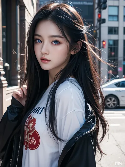 South Korean Asian, blue eyes, very long hair, beautiful, Beautifull, lovely, black hair, 20 years old, in the city with rock clothes, High resolution, 8k, Hyperrealism, foxy eyes. Front blue eyes, head on, 