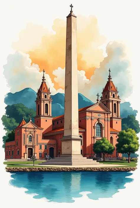 OBELISK OF THE CITY OF IBARRA , San Miguel Arcangel, YAHUARCOCHA, LA MERCED CHURCH COLLAGE WITH WATERCOLOR COLORS