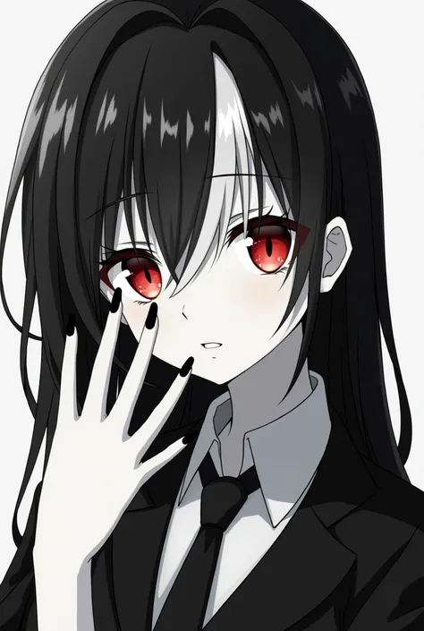 A photo of Tokisaki Kurumi, de Date A Live, black and white hair, with red eyes, black nails and light skin