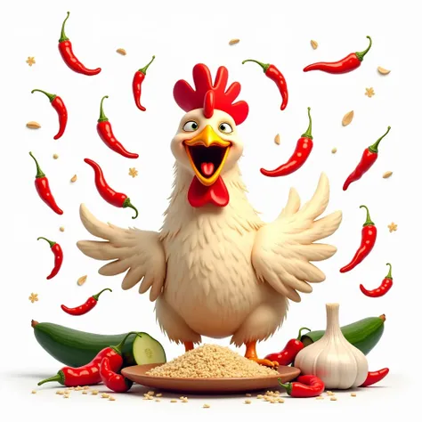 funny laughing hen with lots of flying red chili ornaments, cucumber, rice, and garlic with a white background