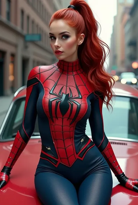 An attractive young woman with fair skin and red hair, long and wavy, tied in a high ponytail. light brown eyes. Her body is curvy, fleshy lips, with wide hips and a thin waist. woman, spider man clothes, red and dark blue colors, torn details in the symbol region, Curvy Body, big hips, deficient breasts, ultra realistic, ultra HD, 4K, detailded, on top of a moving car

