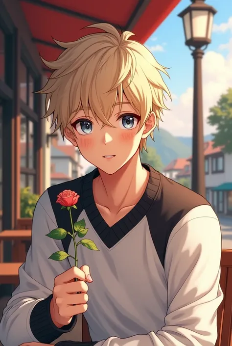 Handsome Vietnamian man. Tanned skin. Silver eyes. Long lashes. Beautiful pink lips. Smooth skin. Freckles. Light blonde messy hair. Holding a rose in  a beautiful town sitting at a cafe. Sweater white and black. Anime. Beautiful face. Teenage. 