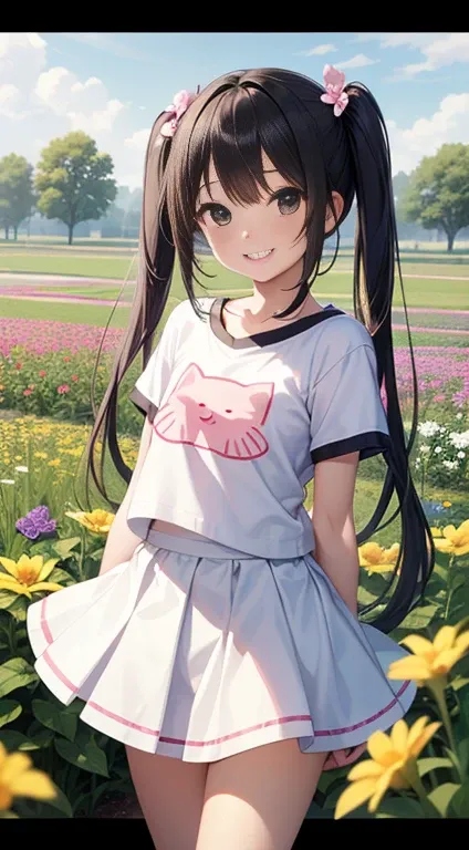 best quality, 8K, 1female child girl, 1 kitty, flower garden,blissful, cheerful grin, looking to the side, twintail, black hair, black eyes, big eyes, droopy eyes, fair skin, tiny, skirt, t-shirt, , japanese, Heartwarming Scene, in the field of flowers, co...