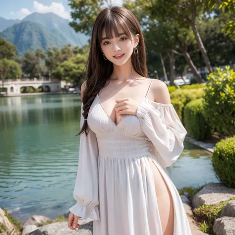 laughing out loud，knee shot, The background is Sun Moon Lake，long sleeve fishtail dress, The upper body of the dress is white and the lower part of the chest is brown., Soft girl clothes，1 female, light brown hair, blunt bangs, hair behind ears, Shoulder-l...