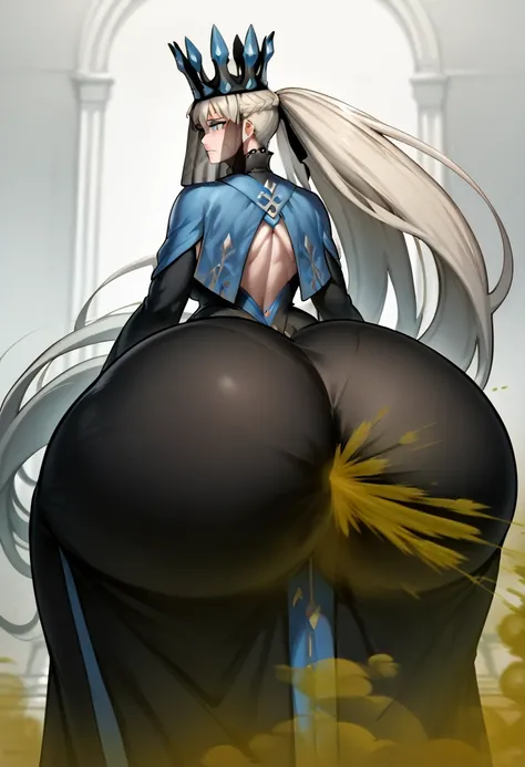 Highest quality, masterpiece, High Resolution, 1 girl, long hair, grey hair, blue eyes, very long hair, ponytail, Split ponytail, french braid, Crown, veil, spiked collar, black dress, Ass, hyper Ass, huge Ass, big ass, wide hip, gigantic ass, fart, fartin...