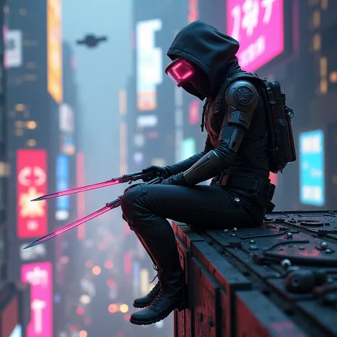 Futuristic cyberpunk assassin, equipped with high-tech augmented reality glasses and dual energy blades, perched on a ledge in a dystopian megacity. The cityscape is filled with towering skyscrapers, holographic billboards, and flying vehicles, all bathed ...