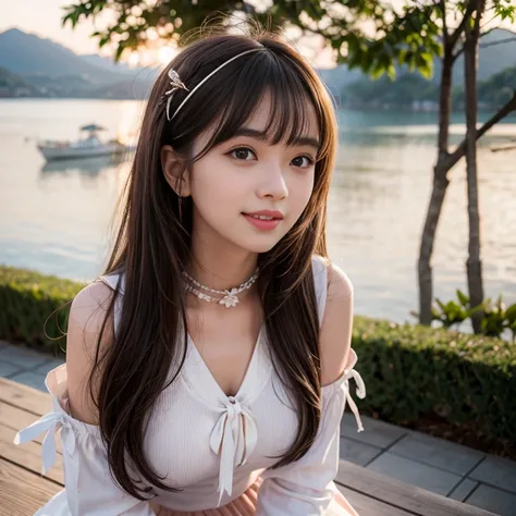 laughing out loud，knee shot, The background is Sun Moon Lake，long sleeve fishtail dress, Pull down the collar and tie a bow on the chest, Soft girl clothes，1 female, light brown hair, blunt bangs, hair behind ears, Shoulder-length hair, long hair, Slender ...