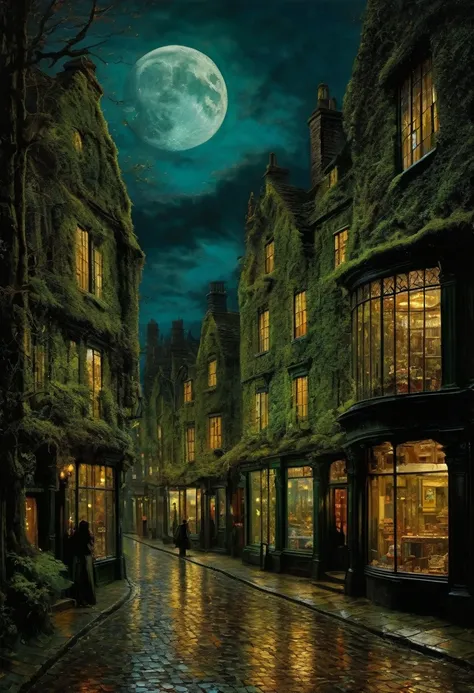 the moon in the moving clouds, the wavering light of shop windows, gloomy streets and silhouetted people. precise details, reali...