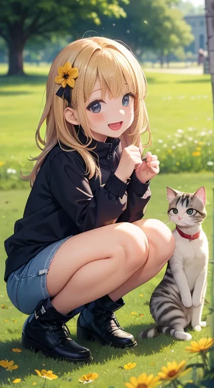 high quality, 8K,1 female child, happy, laughing, kneeling,1 kitty, delightful, smiling, squatting,in the park, in the field of flowers, in the afternoon