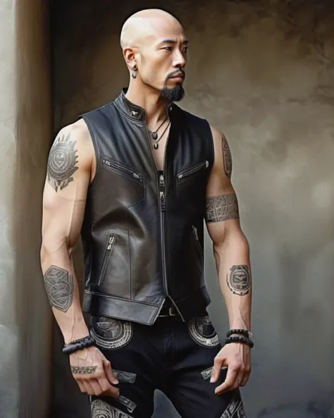 bald head, black sleeveless leather vest with zipper details, beaded necklace, earrings, tattooed arms with intricate designs, s...