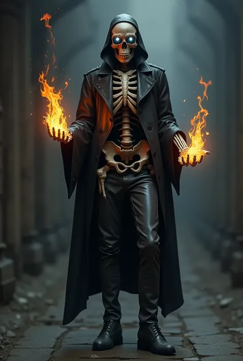 /Imagine a skeleton with black bones, with a black leather shirt and vest, the same as the grey leather pants and shoes. Glowing white eyes and fire pouring from his skeletal hands 