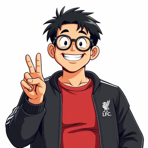 Toriyama Akira Cartoon-style image of a slightly Portly youngman about 30 years old, with short hair black hair and smiling glasses in manga style, and making a minihardhand. He wore a red Liverpool shirt on the inside, a black Adidas jacket on the outside...