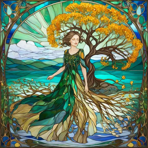 In the style of Albena Vatcheva. yggdrasill tree, large roots like blown glass tubes sinking into the ground, stained glass branches rising high into the sky. Three-quarter view of a lake with mustard-colored, emerald waters. Lying on the shores of the lak...