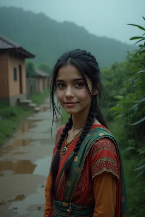 Add super dark light rainy weather a pakistani super realistic real lofe girl outdoor enjoying rain, pakistani girl asian face desi girl village scene