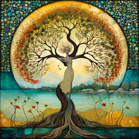 oil and acrylic painting In the Style of Andy Kehoe and Tracy Grimwood, Catrin Welz-Stein, Klimt.. yggdrasill tree, large roots like blown glass tubes sinking into the ground, stained glass branches rising high into the sky, a woman naked and blond hair,, ...