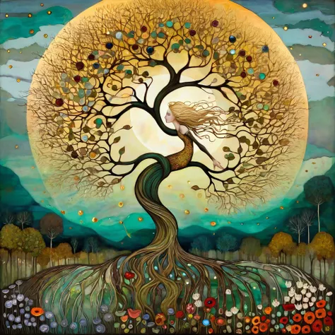 oil and acrylic painting In the Style of Andy Kehoe and Tracy Grimwood, Catrin Welz-Stein, Klimt.. yggdrasill tree, large roots like blown glass tubes sinking into the ground, stained glass branches rising high into the sky, a woman  blond hair,, waved by ...