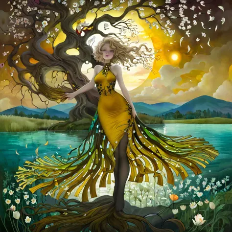 oil and acrylic painting In the Style of Andy Kehoe and Tracy Grimwood, Catrin Welz-Stein, Klimt.. yggdrasill tree, large roots like blown glass tubes sinking into the ground, stained glass branches rising high into the sky, woman with dark blond hair, wav...