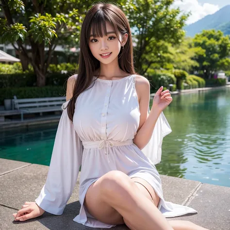 laughing out loud，knee shot, The background is Sun Moon Lake，Clothes worn by YOYO Taiwanese sisters，1 female, light brown hair, blunt bangs, hair behind ears, Shoulder-length hair, long hair, Slender body type, 超face slimming型, face slimming, delicate lips...