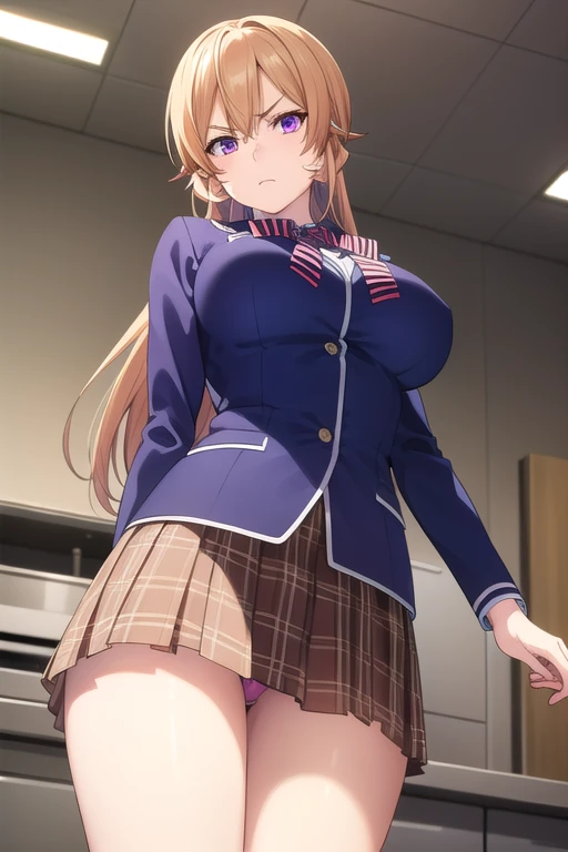 erinanakiri, Erina I confess, by the wide, long shiny hair,  by rubio, (purple eyes:1.1), hair between the eyes, frown, angry,
ROMPER skirt, thighs, bow, School uniform, jacket, pleated skirt, shoes, black thighs, The Great Passage, tartan, tartan skirt, j...