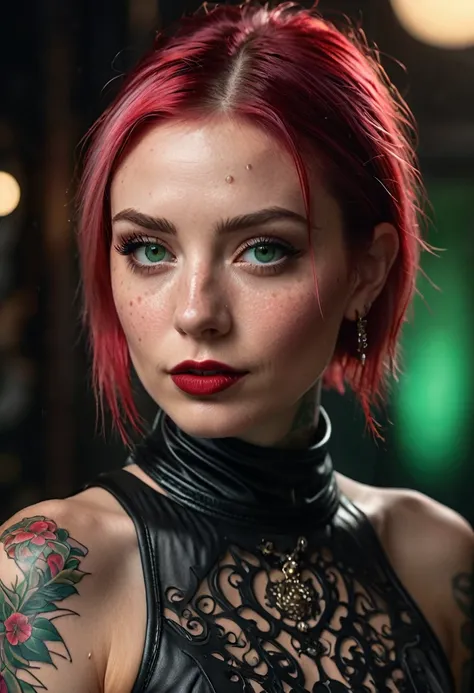 1 woman, inside a punk party, wearing a dark red gothic dress with a high neck and sleeveless, tattoos all over her body (feminine green eyes), clear and detailed skin, straight light pink lob hair, small breasts, freckles on her face, female body with def...