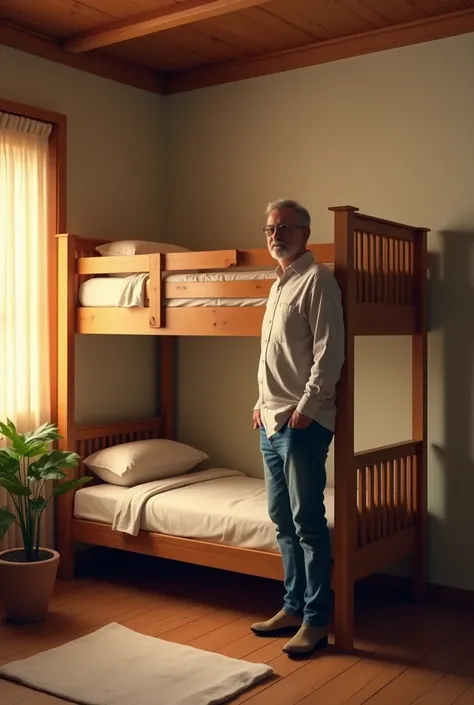 Create a 1 bed bunk bed,65 and a man on the side of 1,80