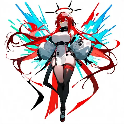 Exusiai(From Arknights),red hair,white halo,curvy body,big breast, medium thighs, wearing original clothes, vibrant background, standing.