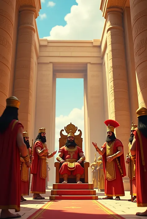 Generate in cinematic 3D cartoon stileDarius Is Royal Court**: A grand hall in Persepolis, with Darius I seated on a majestic throne, surrounded by advisors and military commanders, planning the invasion.