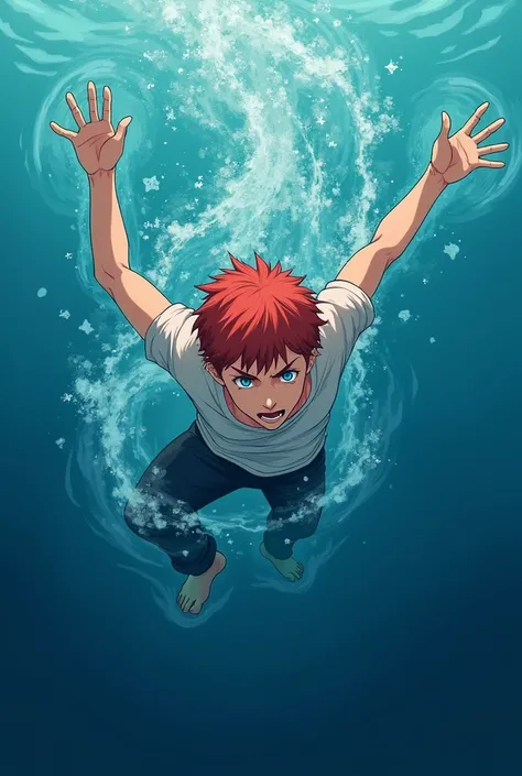 A character with red hair, almost red, your skin is fair and your blue eyes are very bright, he is underwater and looks like he is drowning. His expression is one of despair as he appears to be drowning.. A 2D image in anime style but also as a drawing