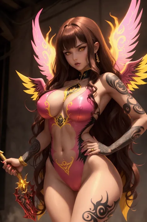 brunette demon woman with tattooed fire wings. an inverted trident Athletic bodies thin breasts brunette woman fused American petite with yellow suit black transparent lycra knives Athletic bodies thin large breasts large buttocks long wavy brown hair pink...