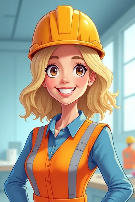 Create a cartoon illustration with the following features: blonde woman, light brown eyes, white skin with safety helmet and occupational health


