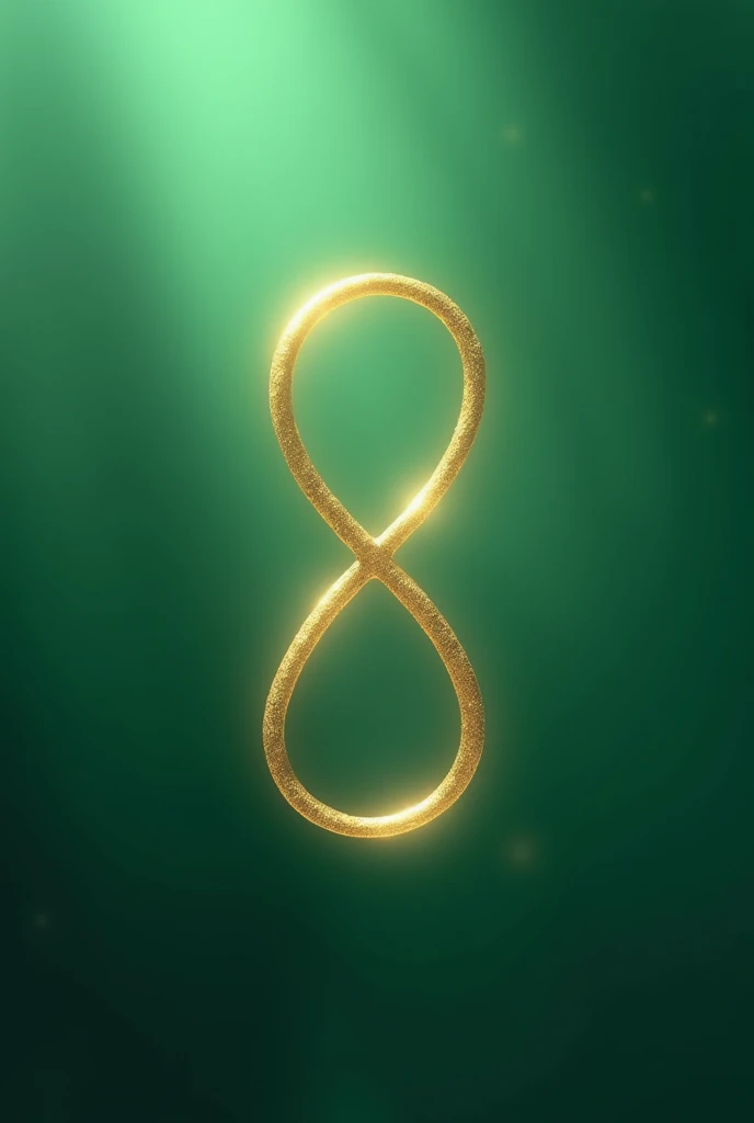 a golden infinity symbol, with a thin ring-like structure and edges, which has a gradient emerald green background,