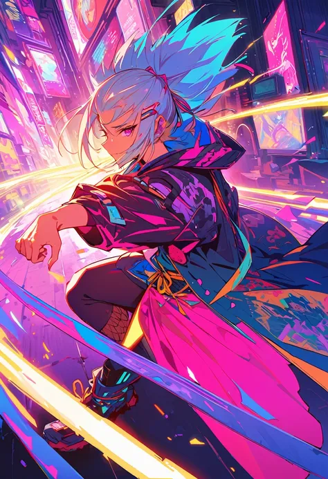 (best quality), (ultrafein), (​masterpiece), Illustration, ((a boy)), China-Samurai,cyberpunk, （cyberpunk，Samurai-Costume), (moving towards the viewer, looks sideways, high angle view), wolf-haircut, Hair Accessories, bright colours, smiles, dynamic lighti...