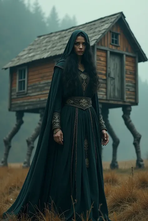 witch woman, In the background a wooden cabin that has human legs and walks, scared  