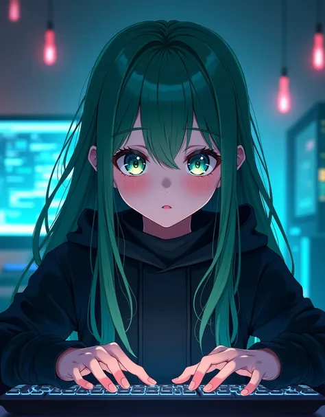 (((anime))) One Woman,I am using the computer on my desk,Hands on the keyboard,Long Hair,(Green Hair),Bangs parted in the center,Headphones,Heterochromia iridis,((blue eyes)),Yellow Eyes,Big eyes, black high-necked hoodie, in a dark room,Backlit by a compu...