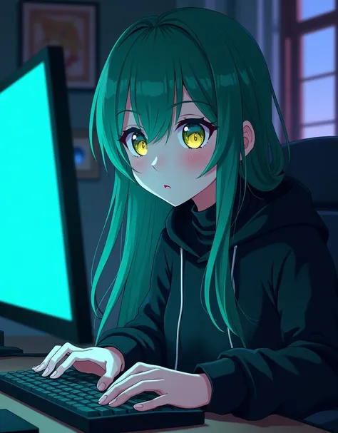 (((anime))) One Woman,I am using the computer on my desk,Hands on the keyboard,Long Hair,(Green Hair),Bangs parted in the center,Headphones,Heterochromia iridis,((blue eyes)),Yellow Eyes,Big eyes, black high-necked hoodie, in a dark room,Backlit by a compu...