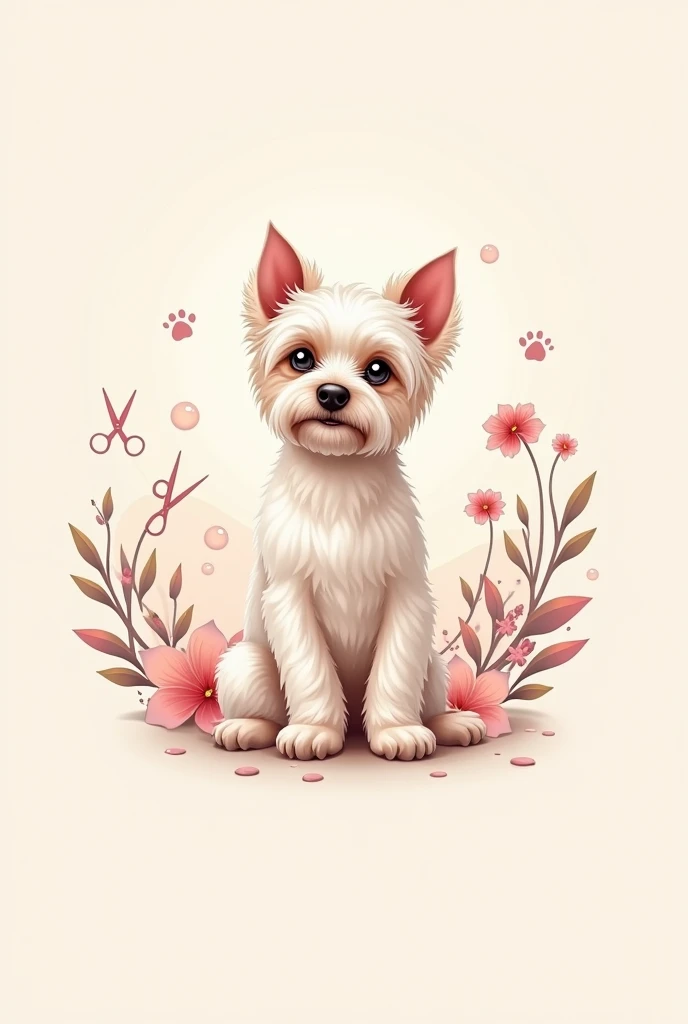 Elegant dog grooming logo, scissors, Bubbles, flores, Footprints 