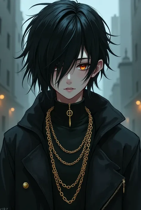 An emo with hair covering his eyes and golden anime chains