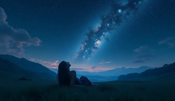 Une nuit étoilé magnifique 4k avec une femme coucher sur lherbe regardant le ciel
