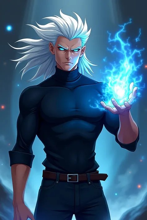 Create a mascot logo where the mascot has white hair, black turtleneck shirt and in his right hand he has blue fire