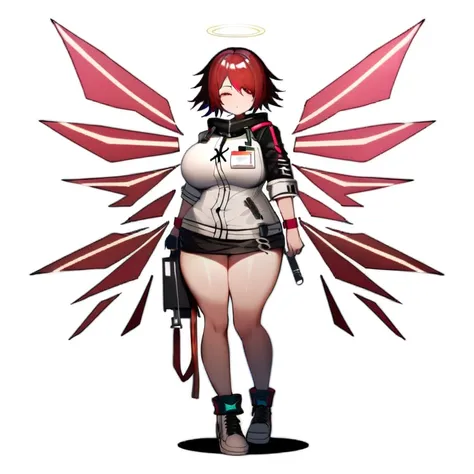 Exusiai(From Arknights),red hair,white halo,curvy body,big breast, medium thighs, wearing original clothes, vibrant background, standing.