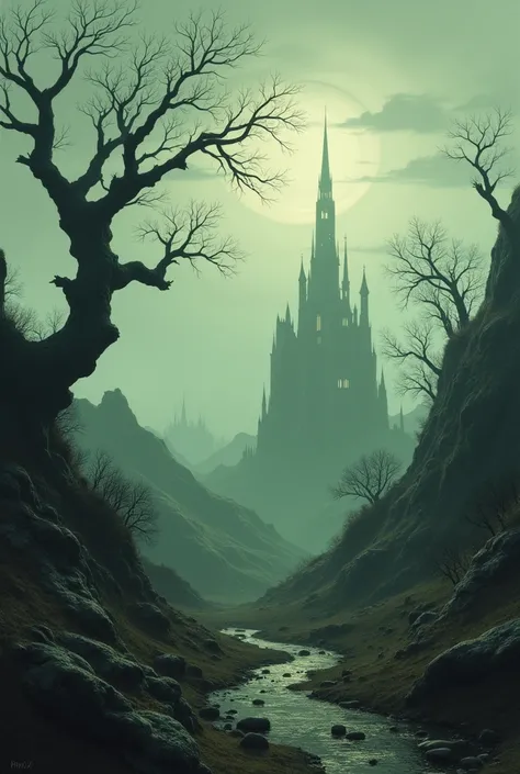 create a simple landscape, inspired by tim burton, with surrealist theme, looking like a dream